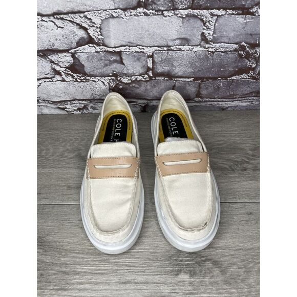 Cole Haan White Canvas Fabric Tan Penny Casual Slip On Shoes Women 6.5M US/37EU - Picture 9 of 16